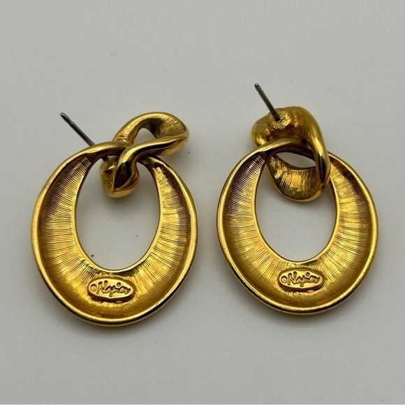 Vintage Napier Quality Rich Gold Tone Stud Round Curved Dangle Hoops - Picture 4 of 7